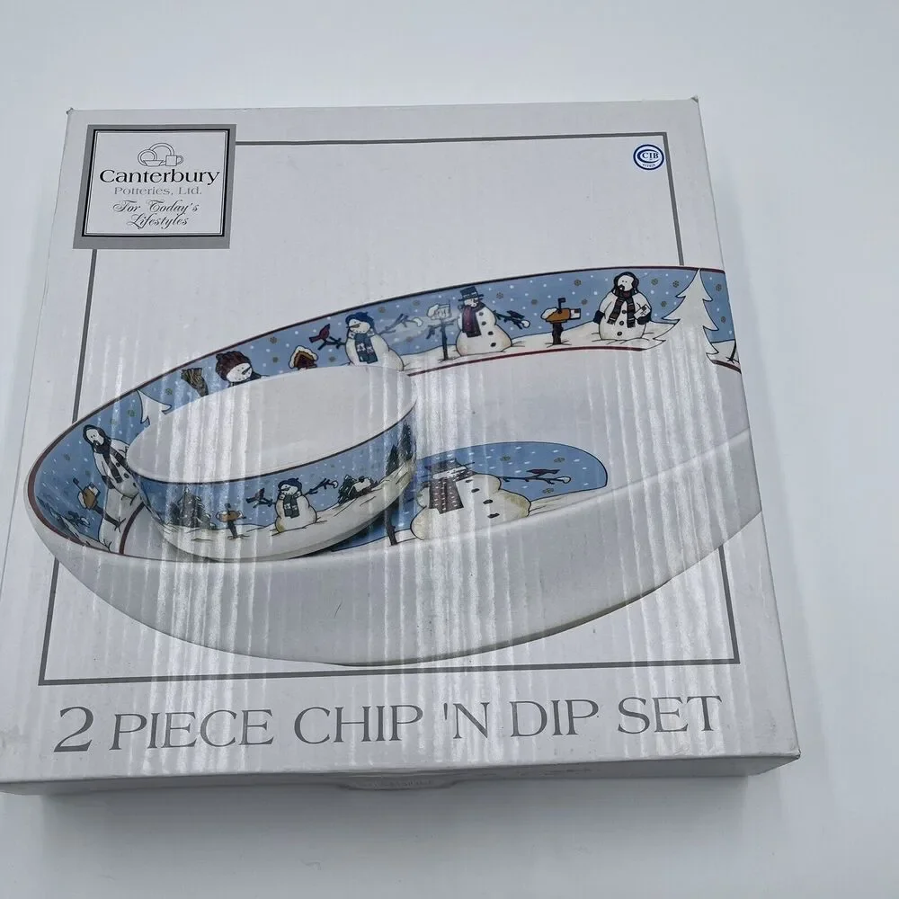 Canterbury Potteries Snowman Serenade Chip Dip Set Toby Pieri Stoneware NEW